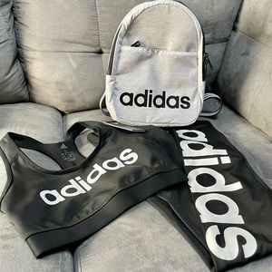 Adias pants, workout bra, backpack